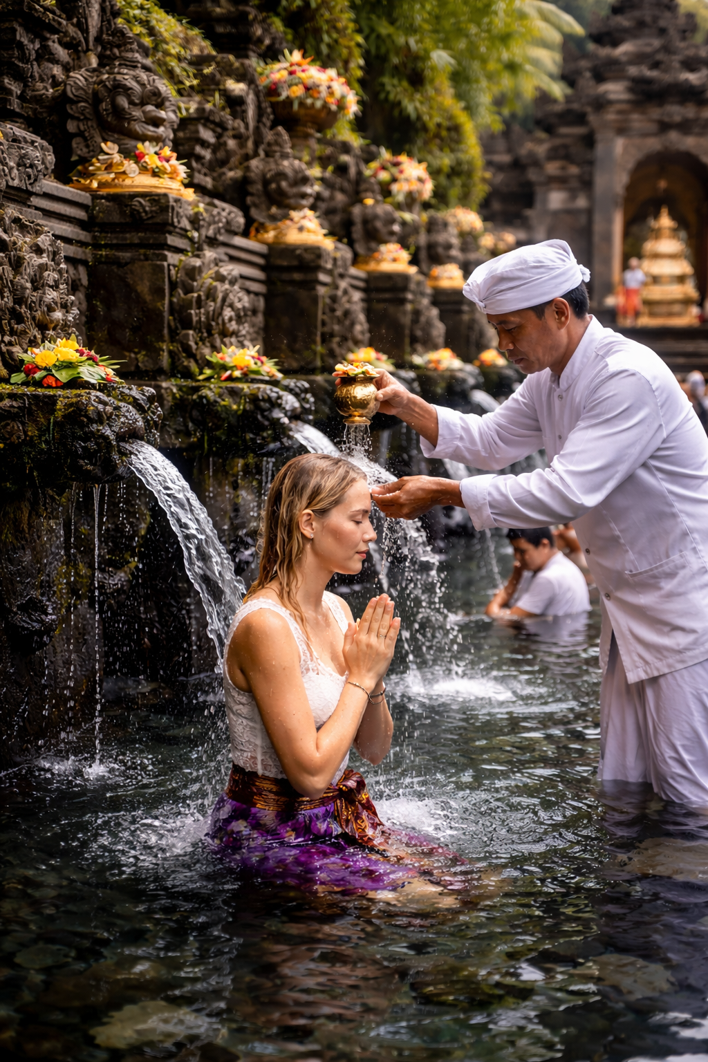 Momen Wisatawan Asing Melakukan Penglukatan di Pura Taman Beji Pancoran Solas Selanbawak
