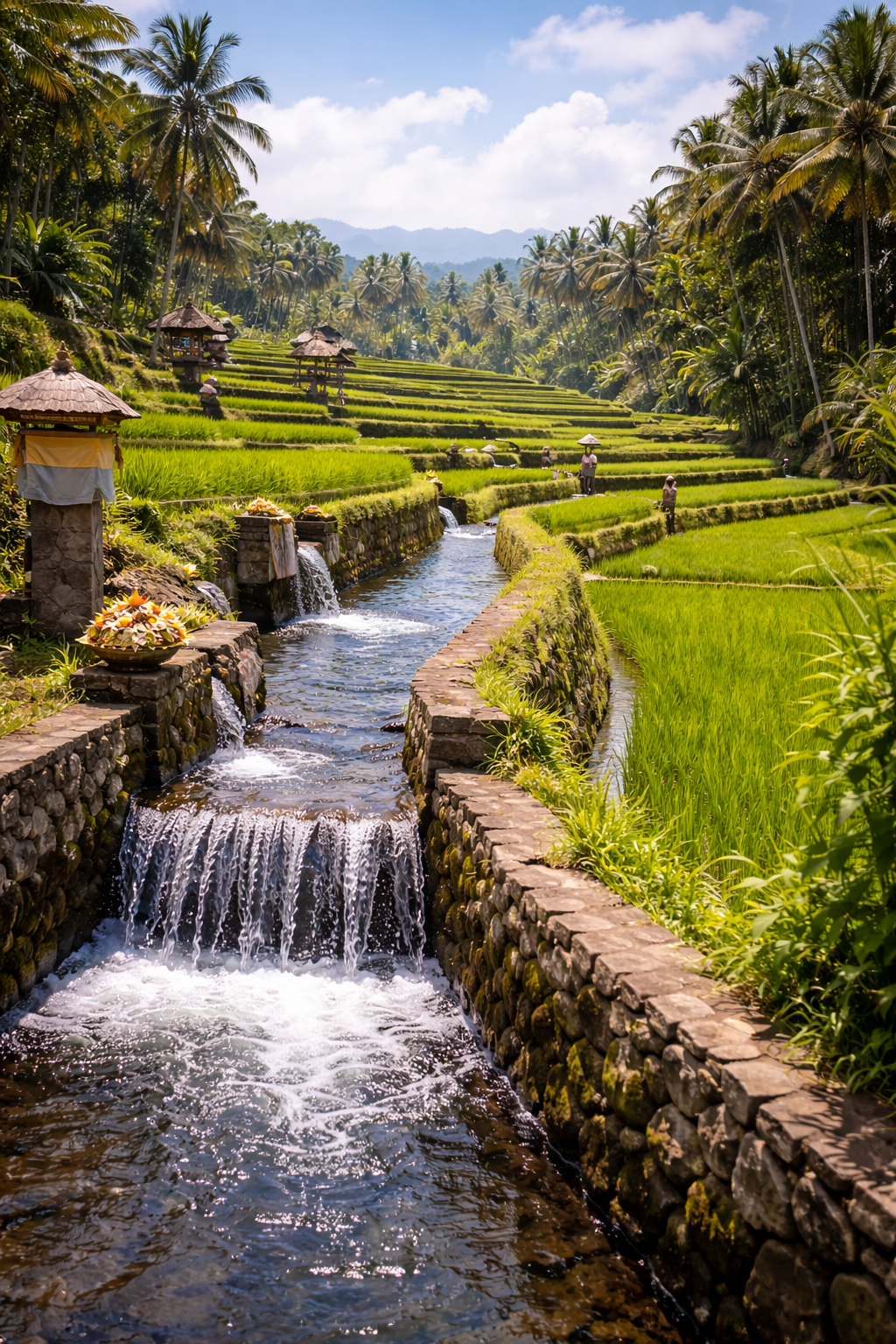 Pemandangan Pedesaan Bali dengan Sistem Irigasi Tradisional yang Tetap Lestari